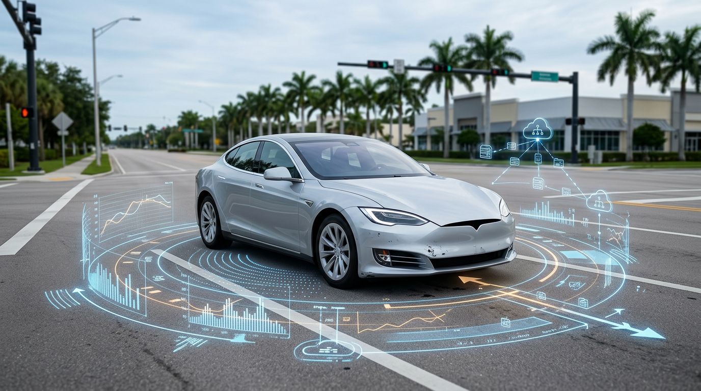 A damaged self-driving car surrounded by glowing vehicle data overlays at an intersection.