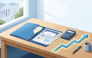 Benefit papers, a calculator, and blue folder sit on an organized desk.