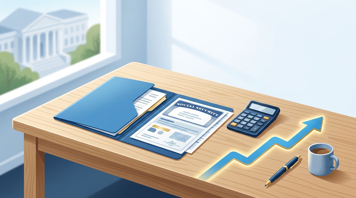 Benefit papers, a calculator, and blue folder sit on an organized desk.