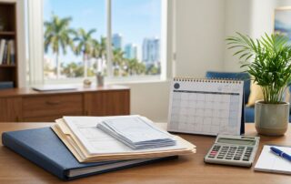 Benefits paperwork, medical records, and a calculator on a desk beside a sunny Florida window.