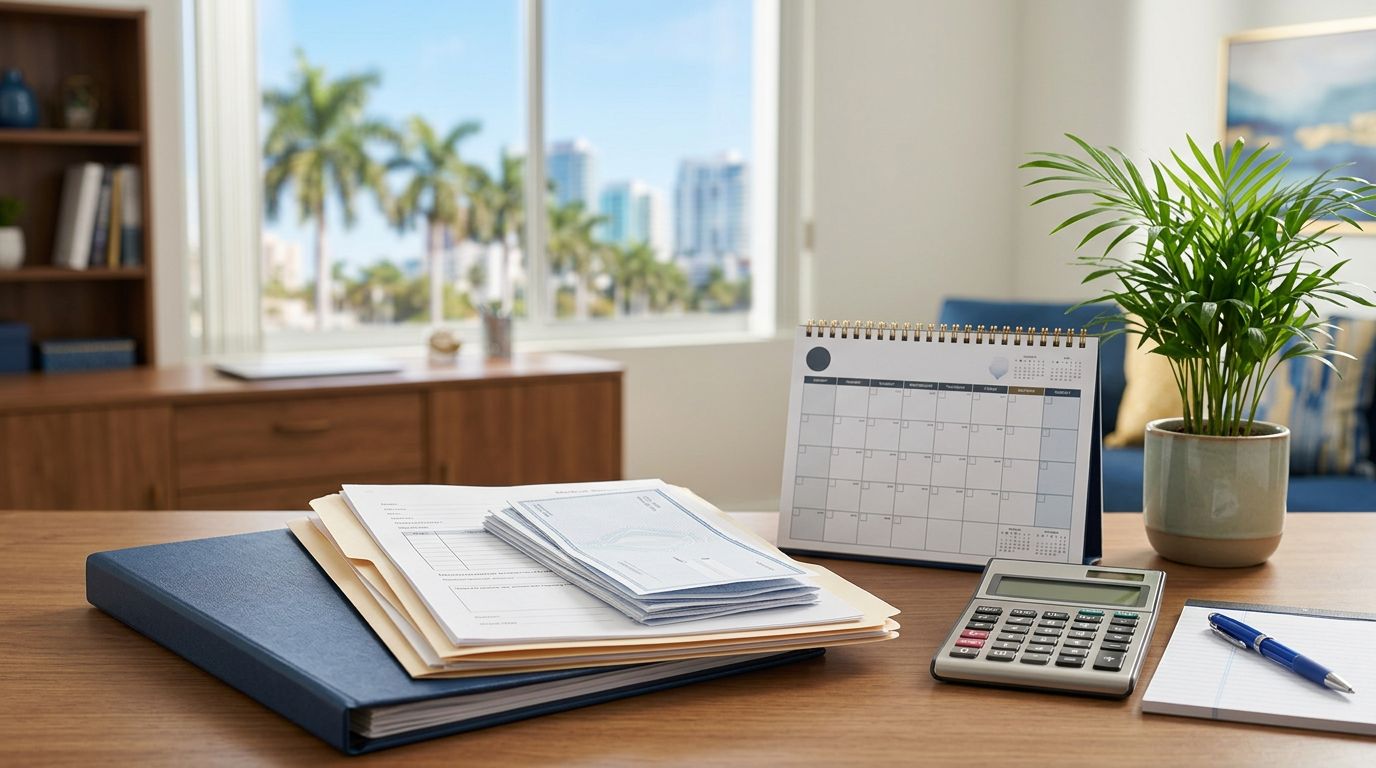 Benefits paperwork, medical records, and a calculator on a desk beside a sunny Florida window.