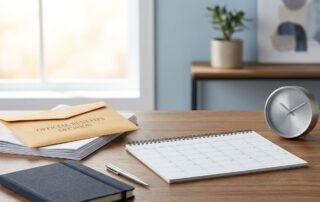 A benefits envelope, blank calendar, clock, pen, and documents arranged on a desk.