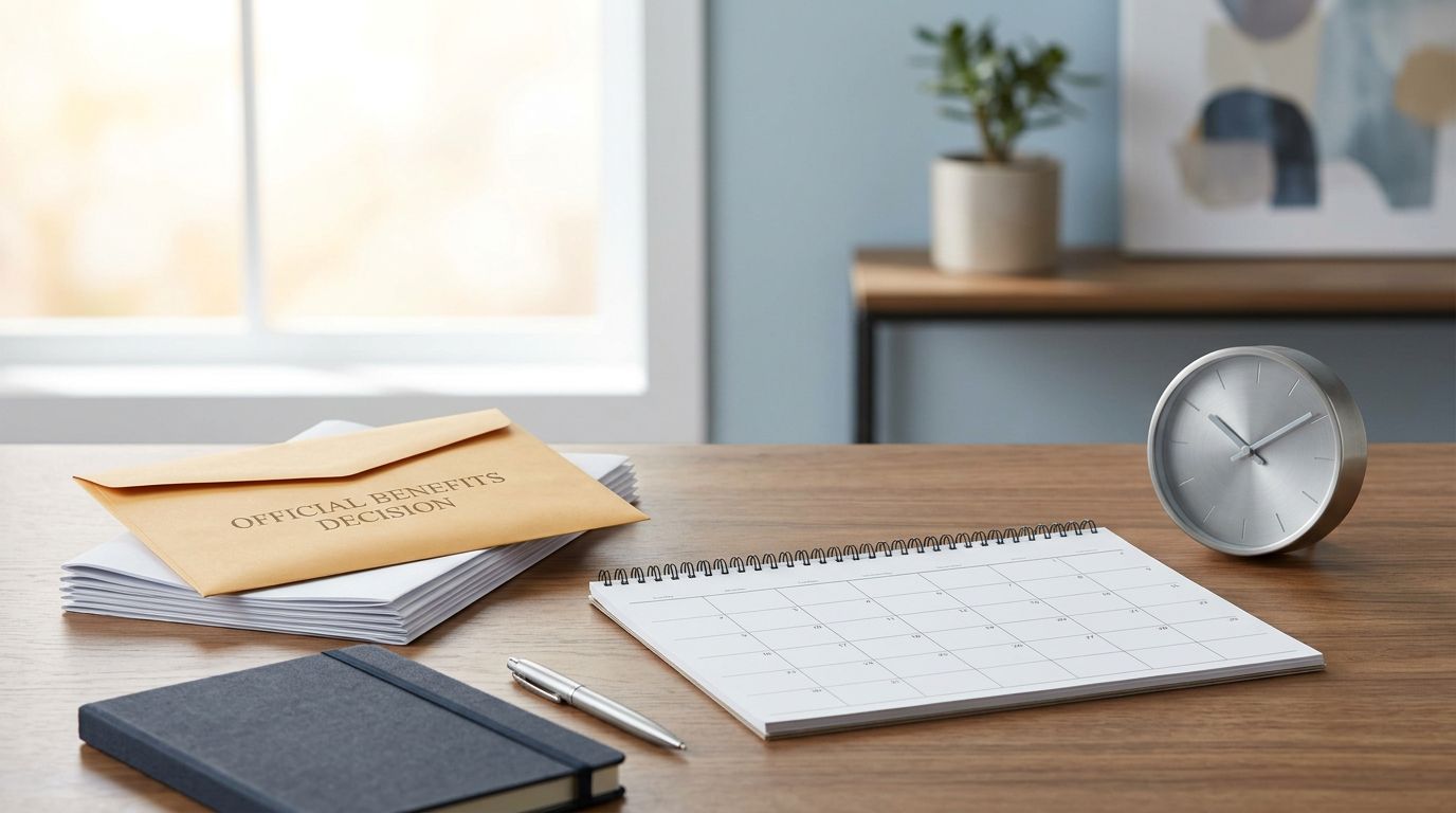 A benefits envelope, blank calendar, clock, pen, and documents arranged on a desk.