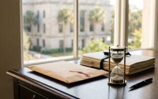 A government envelope, case files, hourglass, and pen arranged on a desk by a sunny window.