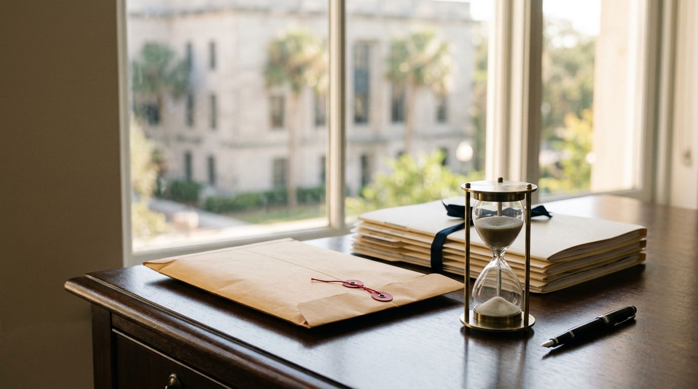 A government envelope, case files, hourglass, and pen arranged on a desk by a sunny window.