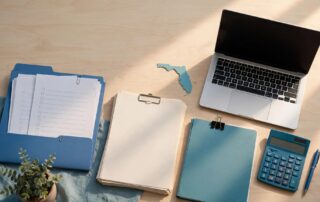Desk with SSDI documents, checklist pages, calculator, pen, laptop, and a Florida map silhouette.