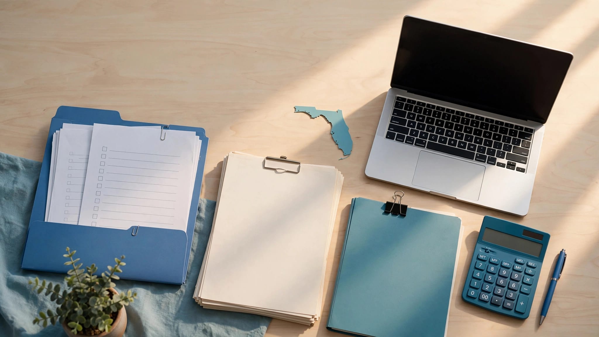 Desk with SSDI documents, checklist pages, calculator, pen, laptop, and a Florida map silhouette.