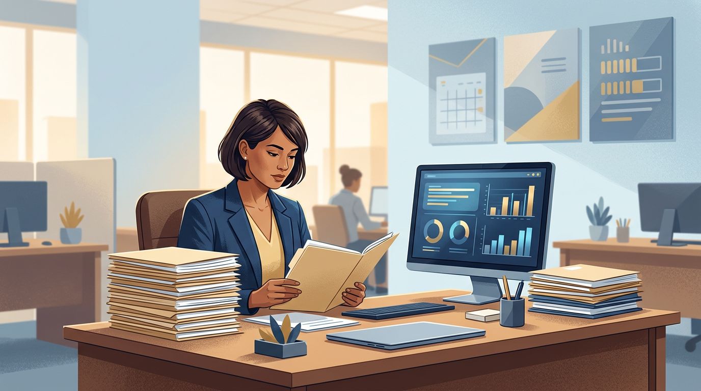 A caseworker reviews folders beside a monitor, with a smaller stack showing reduced claims.