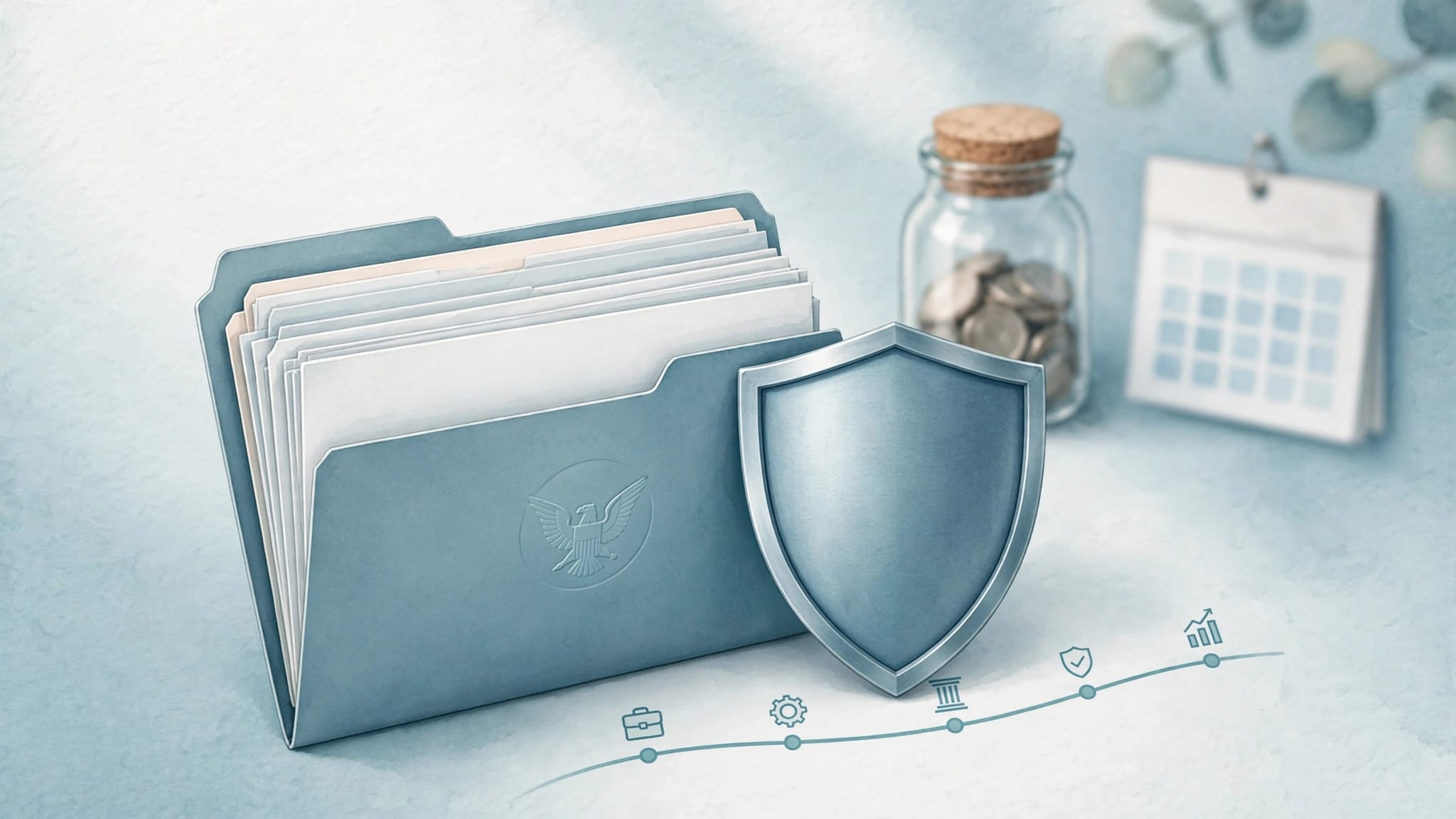 Social Security documents beside a shield protecting a work history timeline.