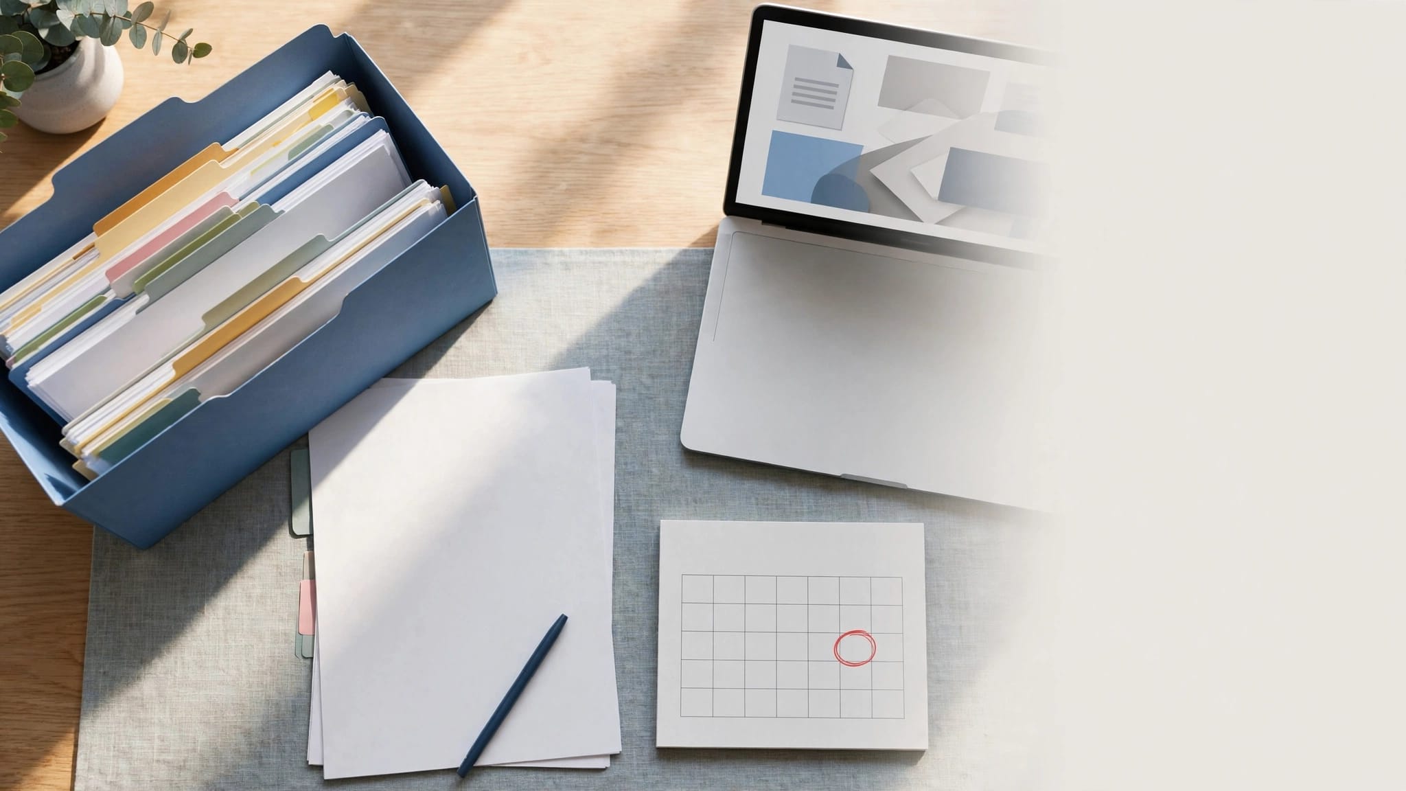 Organized SSDI appeal papers, medical folder, pen, calendar, and laptop on a desk.