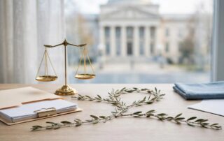 An appeal file and justice scale sit on a desk near courthouse windows.
