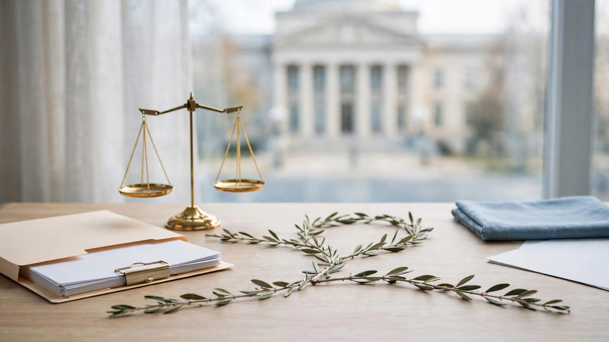 An appeal file and justice scale sit on a desk near courthouse windows.