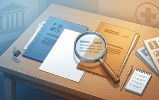 Desk with separate folders, medical records, checklist, and magnifying glass in blue and amber sections.