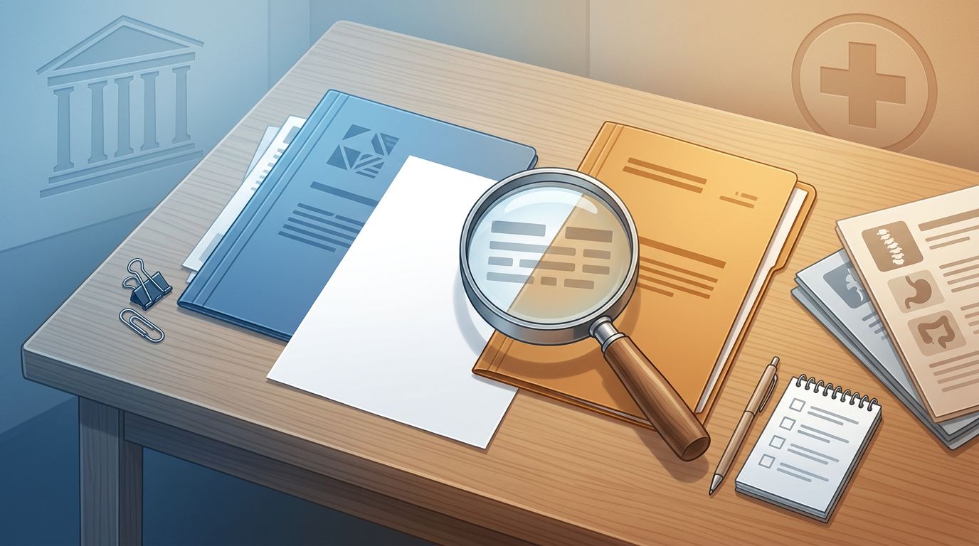 Desk with separate folders, medical records, checklist, and magnifying glass in blue and amber sections.