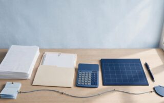 Desk with blank forms, calculator, calendar, pen, and organized work records.
