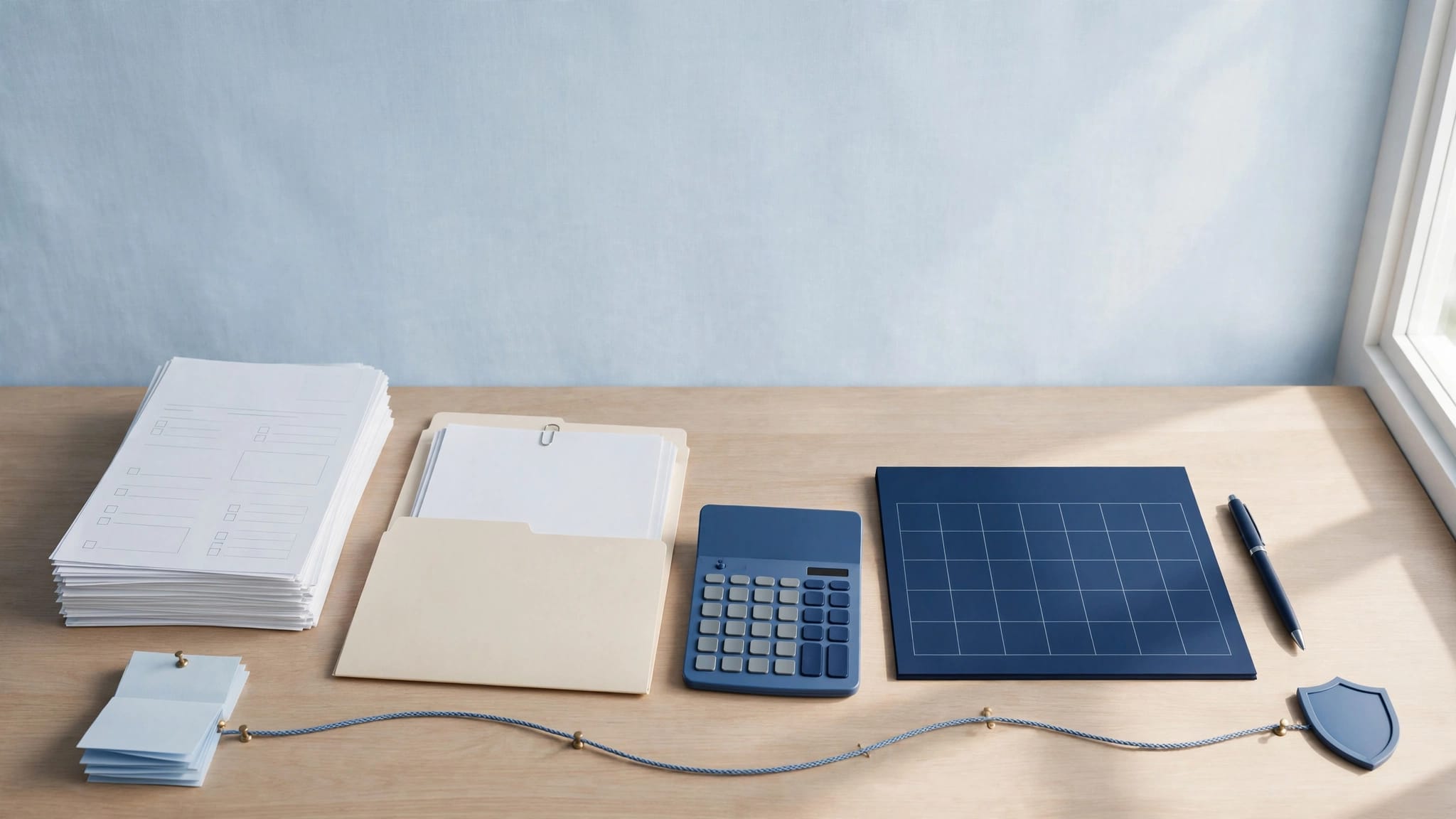 Desk with blank forms, calculator, calendar, pen, and organized work records.