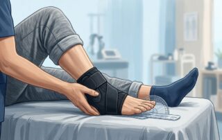 A braced ankle is examined beside a range-of-motion device in a clinic.