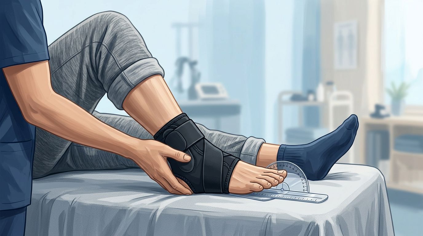 A braced ankle is examined beside a range-of-motion device in a clinic.