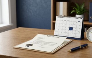 Desk with a benefits letter, marked calendar, pen, and clock symbol.