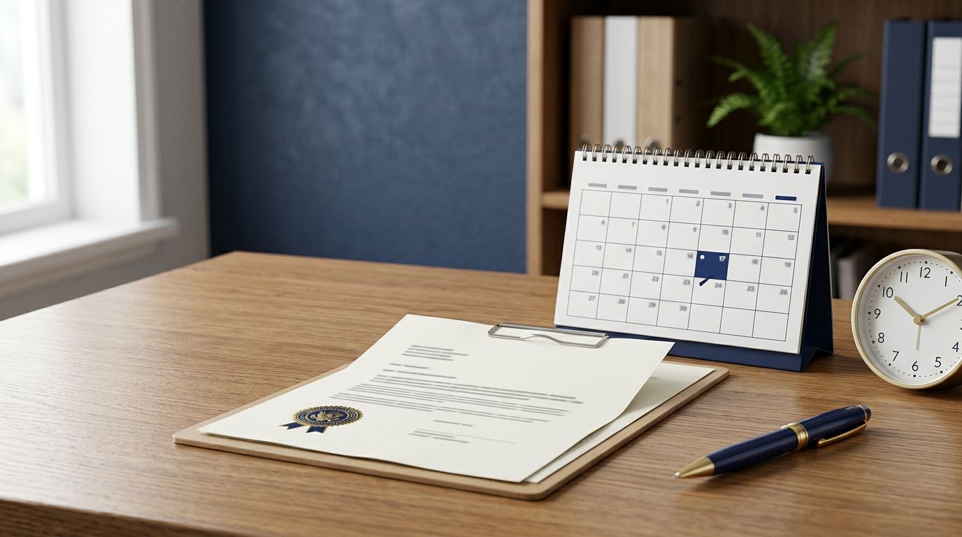 Desk with a benefits letter, marked calendar, pen, and clock symbol.