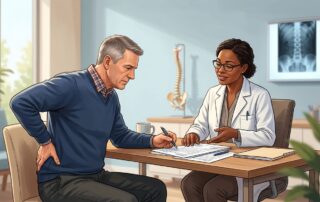 Veteran reviewing disability paperwork with a medical professional near a spine model.