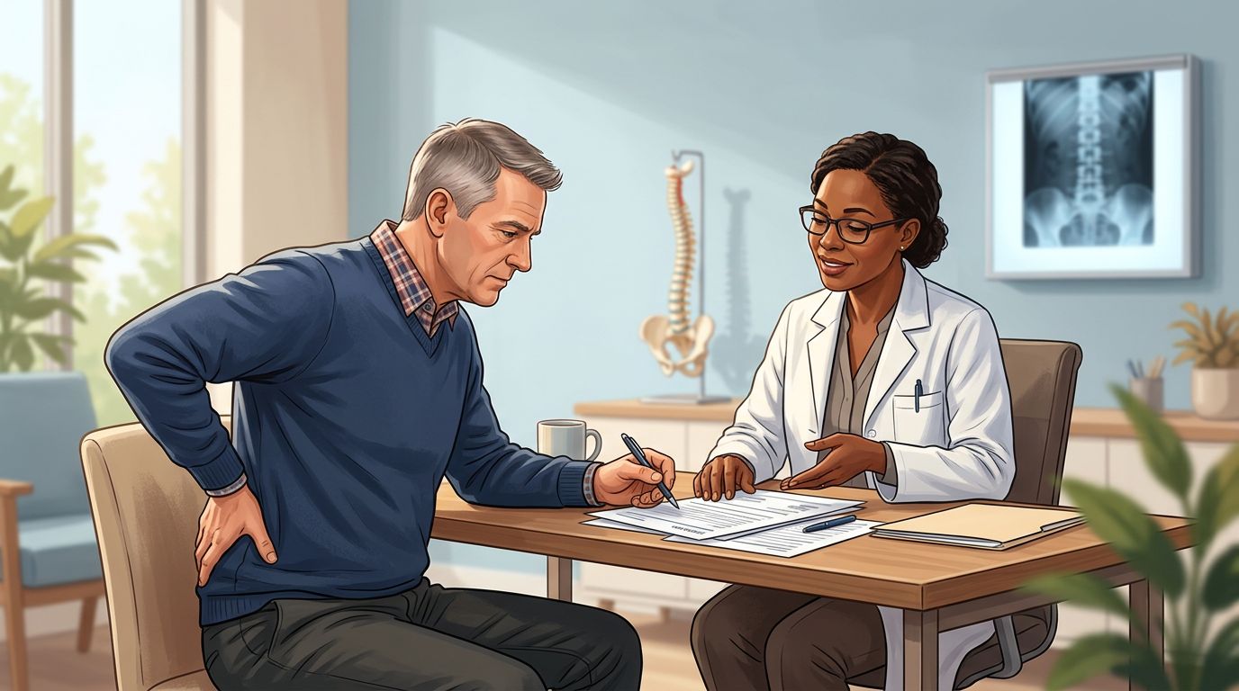 Veteran reviewing disability paperwork with a medical professional near a spine model.
