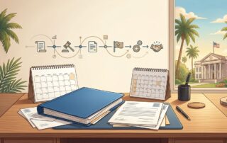 A claims folder and documents sit on a desk near a Florida window.