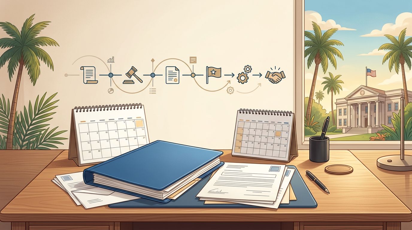 A claims folder and documents sit on a desk near a Florida window.