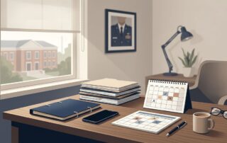 Medical records, a folder, phone, calendar, and pen arranged on a home desk.