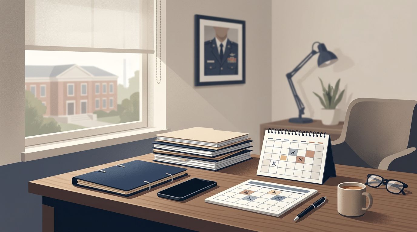 Medical records, a folder, phone, calendar, and pen arranged on a home desk.