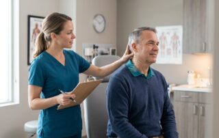 A veteran undergoes a neck movement exam with a clinician in a medical office.