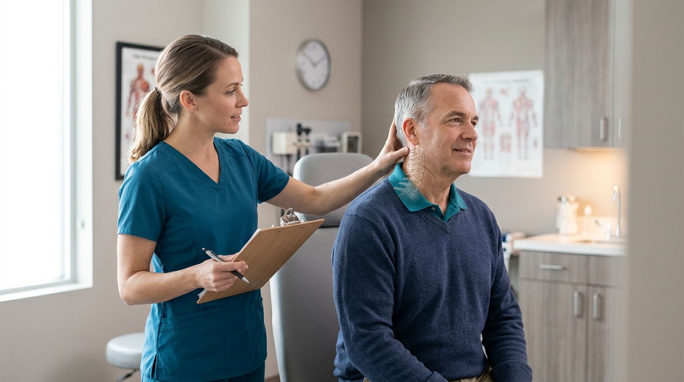 A veteran undergoes a neck movement exam with a clinician in a medical office.