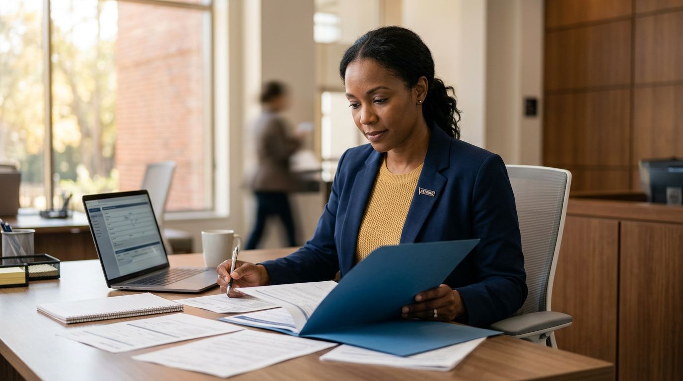 Veteran reviewing benefits papers beside a laptop in a government-style office.