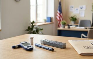 Diabetes supplies and medical records arranged on a desk with an American flag in the background.