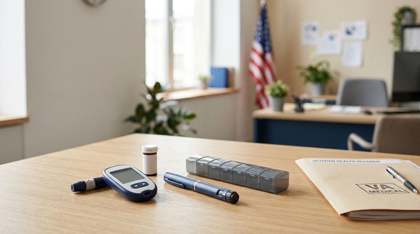 Diabetes supplies and medical records arranged on a desk with an American flag in the background.