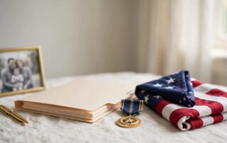 Claim papers, a service medal, folded flag, family photo, and pen sit on a table.