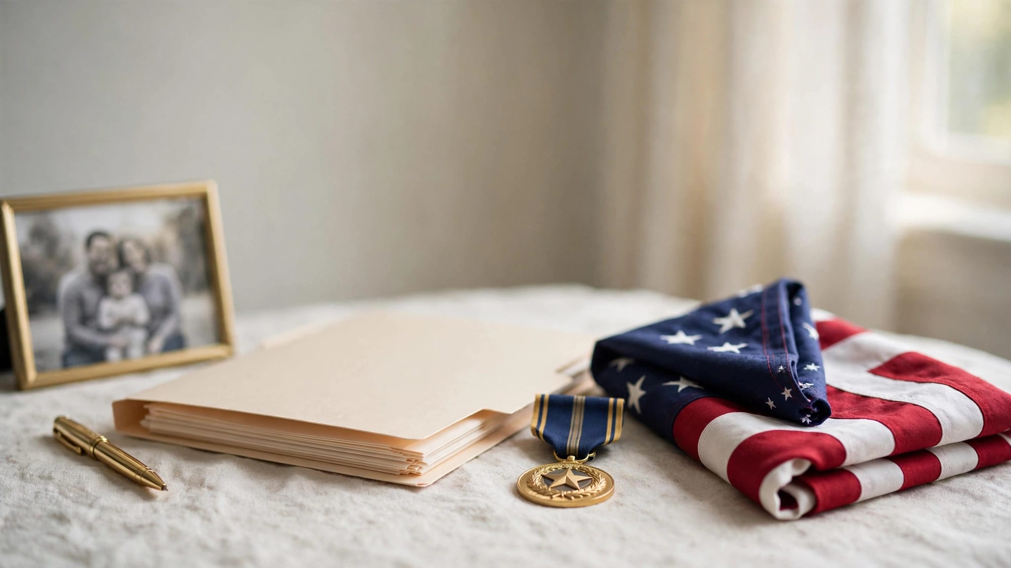 Claim papers, a service medal, folded flag, family photo, and pen sit on a table.