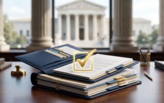 A VA decision folder with an approval checkmark and supporting documents on a desk.
