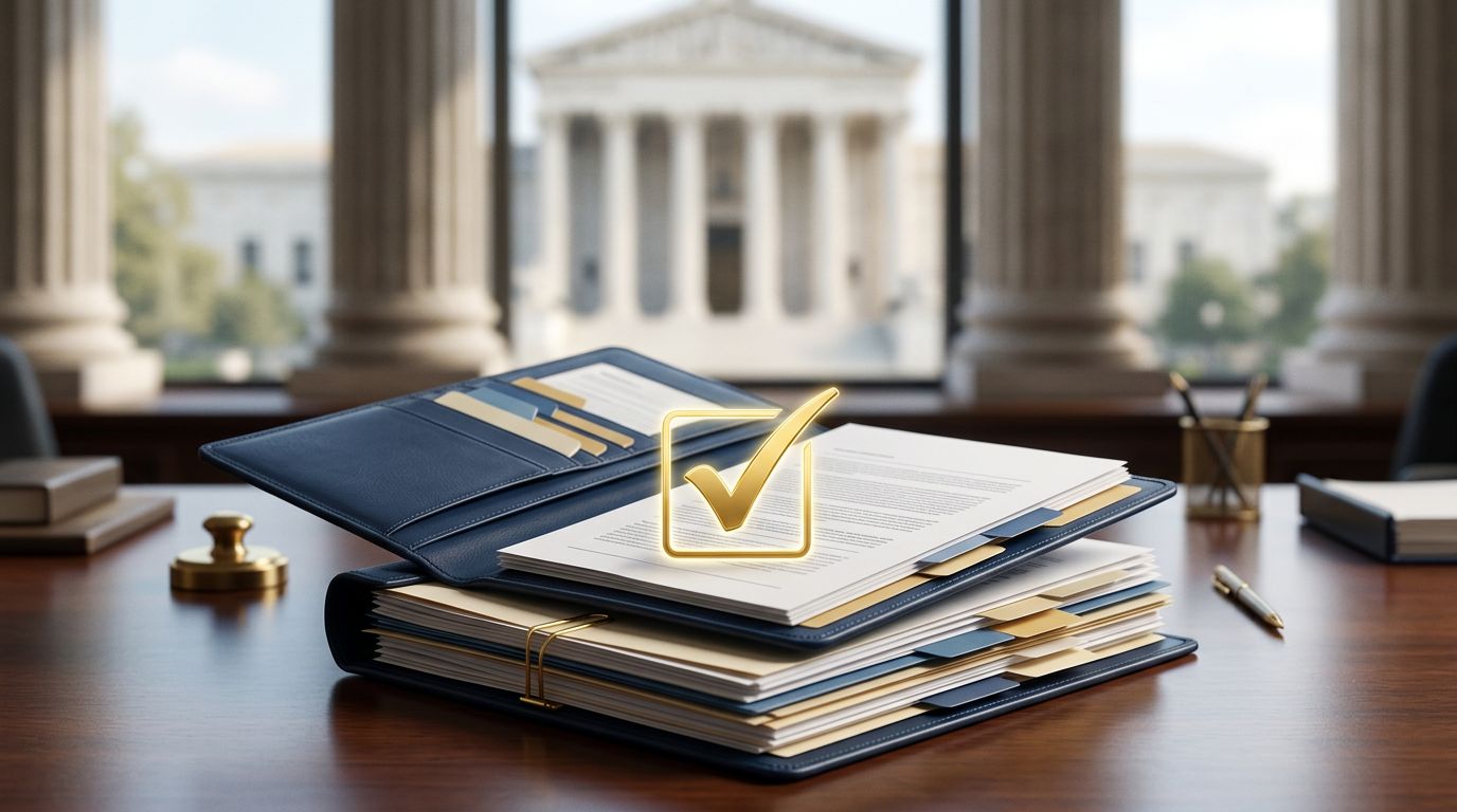 A VA decision folder with an approval checkmark and supporting documents on a desk.