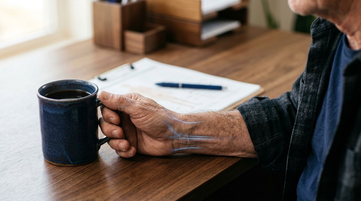 Veteran’s hand gripping a mug with subtle blue nerve highlights.