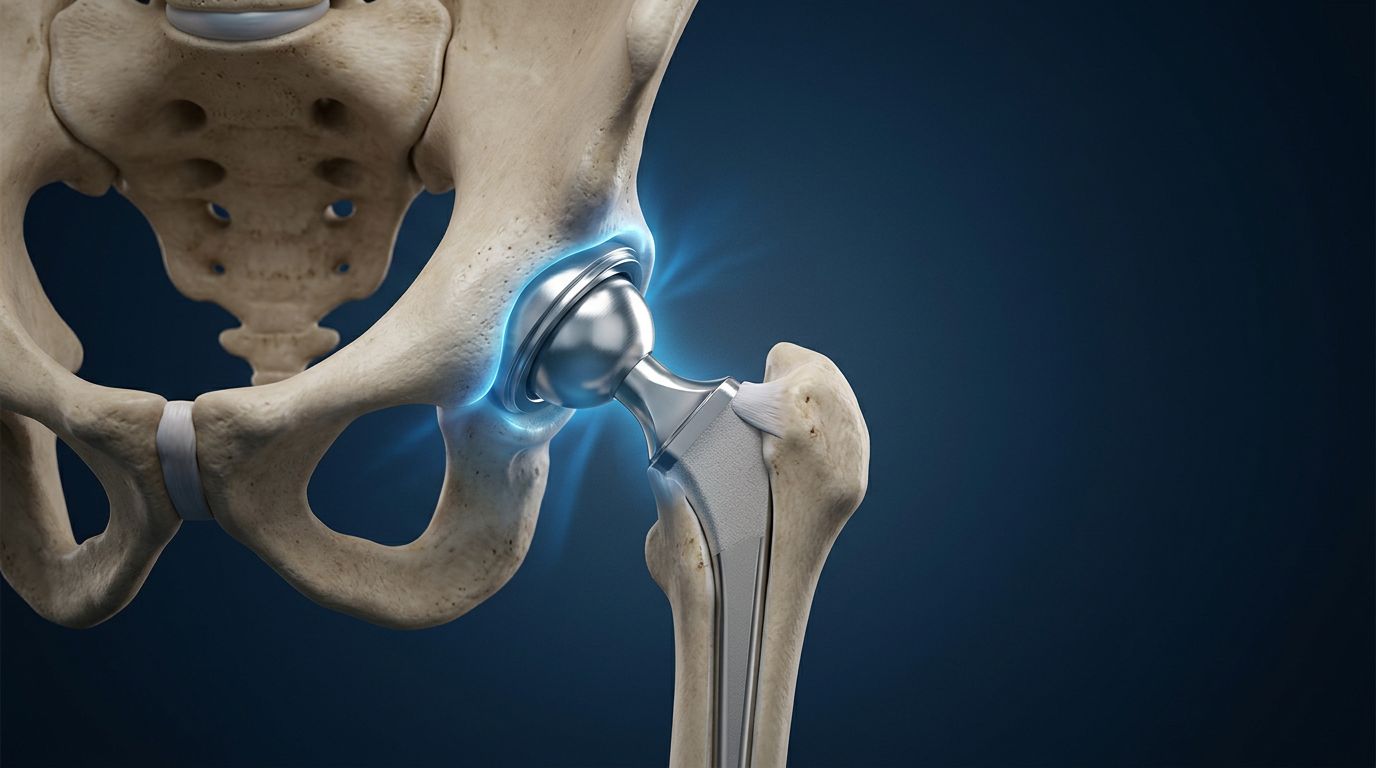 3D illustration of a titanium hip implant in a human joint on a blue background.