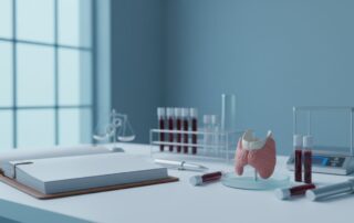 Thyroid model beside blood vials, lab equipment, and an open medical file.