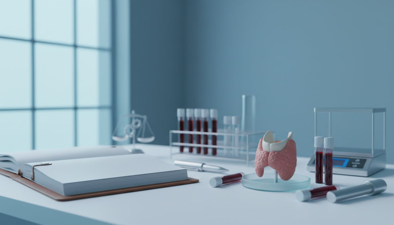 Thyroid model beside blood vials, lab equipment, and an open medical file.