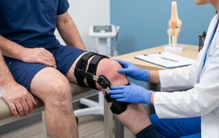 A doctor examines a swollen knee near a hinged brace in a clinic.
