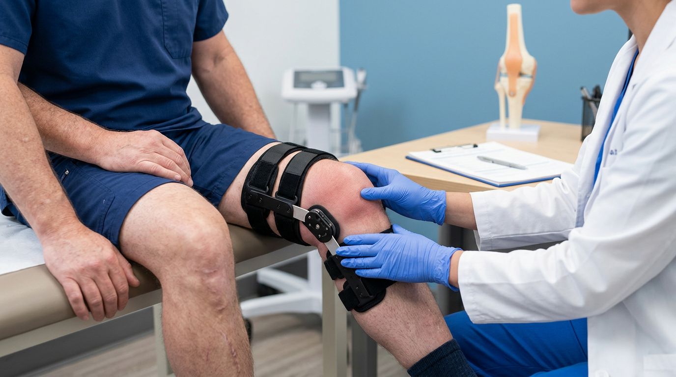A doctor examines a swollen knee near a hinged brace in a clinic.