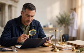 A veteran reviews medical records beside a magnifying glass, stethoscope, and justice scale.