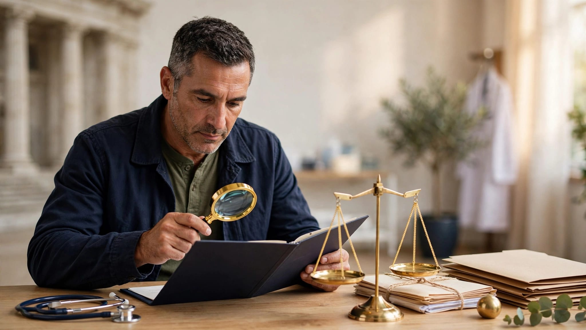 A veteran reviews medical records beside a magnifying glass, stethoscope, and justice scale.