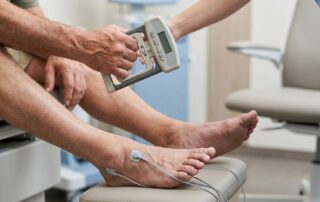 Hands hold a testing device while feet rest near nerve-monitoring electrodes.