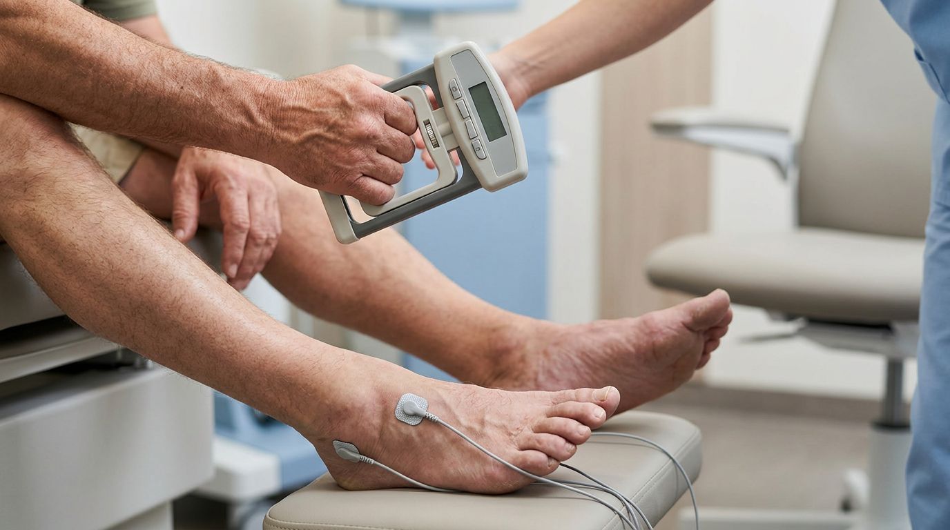 Hands hold a testing device while feet rest near nerve-monitoring electrodes.