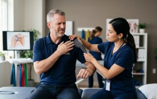 Veteran supporting one arm as a clinician measures shoulder movement in a therapy clinic.